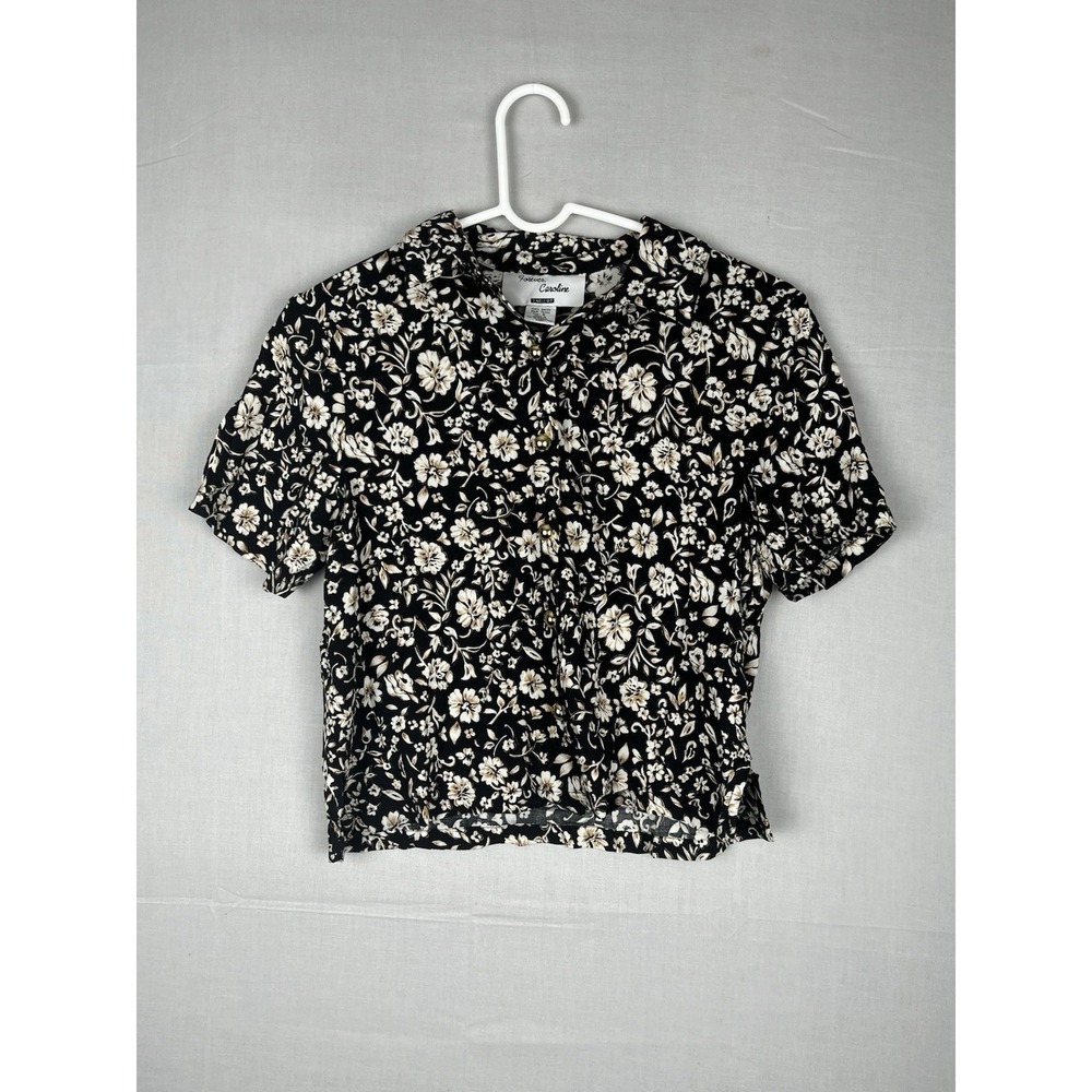 Vintage Floral Rayon Blouse Womens 8 Cropped Button Front Cottagecore